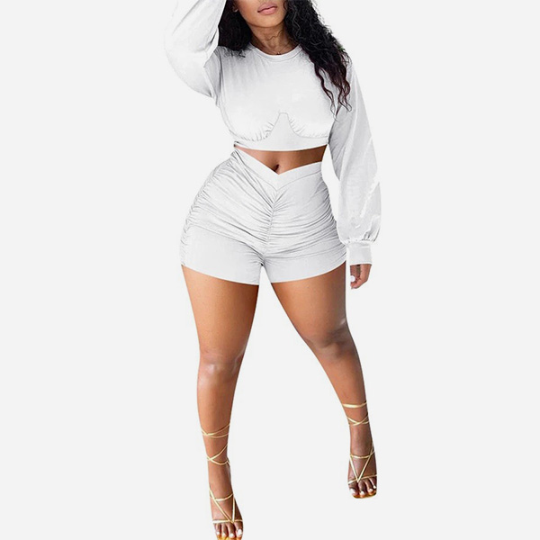 Royal Design 312 Casual Ruched Two piece Shorts Set White