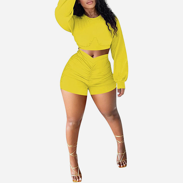 Royal Design 312 Casual Ruched Two piece Shorts Set yellow